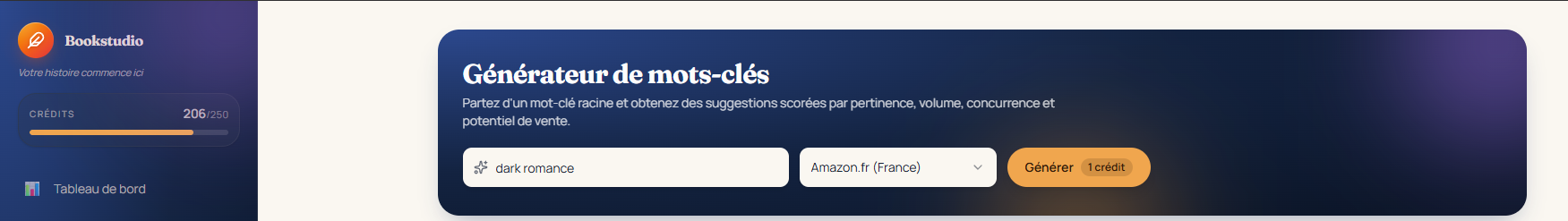 Saisie du mot-clé racine, choix du marché Amazon et historique des recherches sauvegardées.